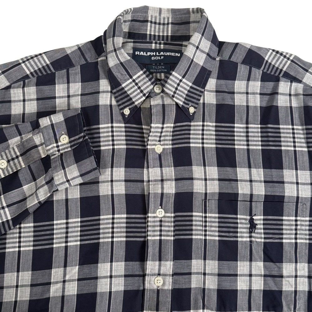 Ralph Lauren Golf Tilden Shirt Mens M Navy Plaid Button Down Pony Vintage 90s